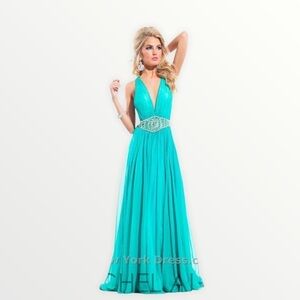 NWT RACHEL ALLAN Jade Rhinestone Maxi Gown, Size 4